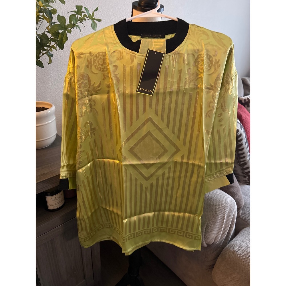 Ceta Dolce‎ Mens Silk Metallic Lime Gold Geometric Crew Neck Top 2XL NWT Vintage